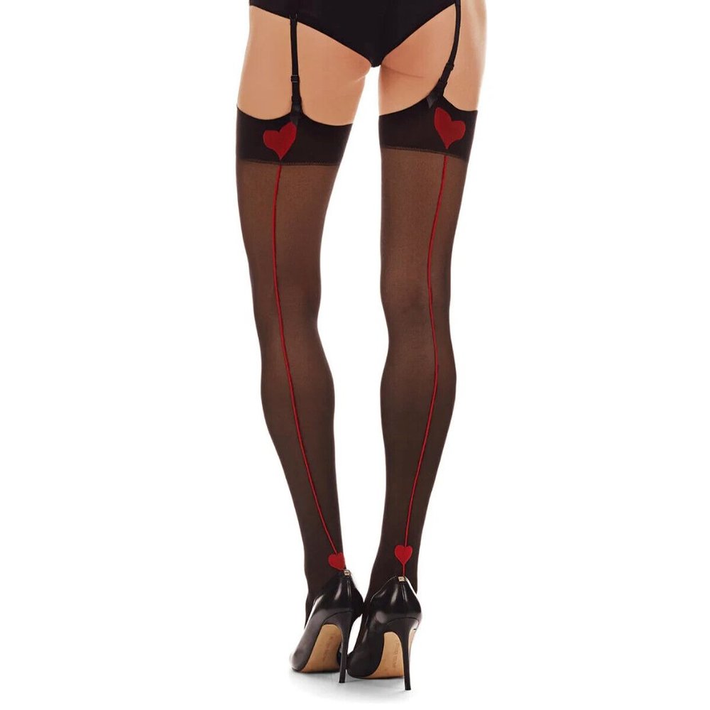Stockings Sealed with a Heart Backseam Sheer Stockings Black/Red 1X/2X MeMoi NWT